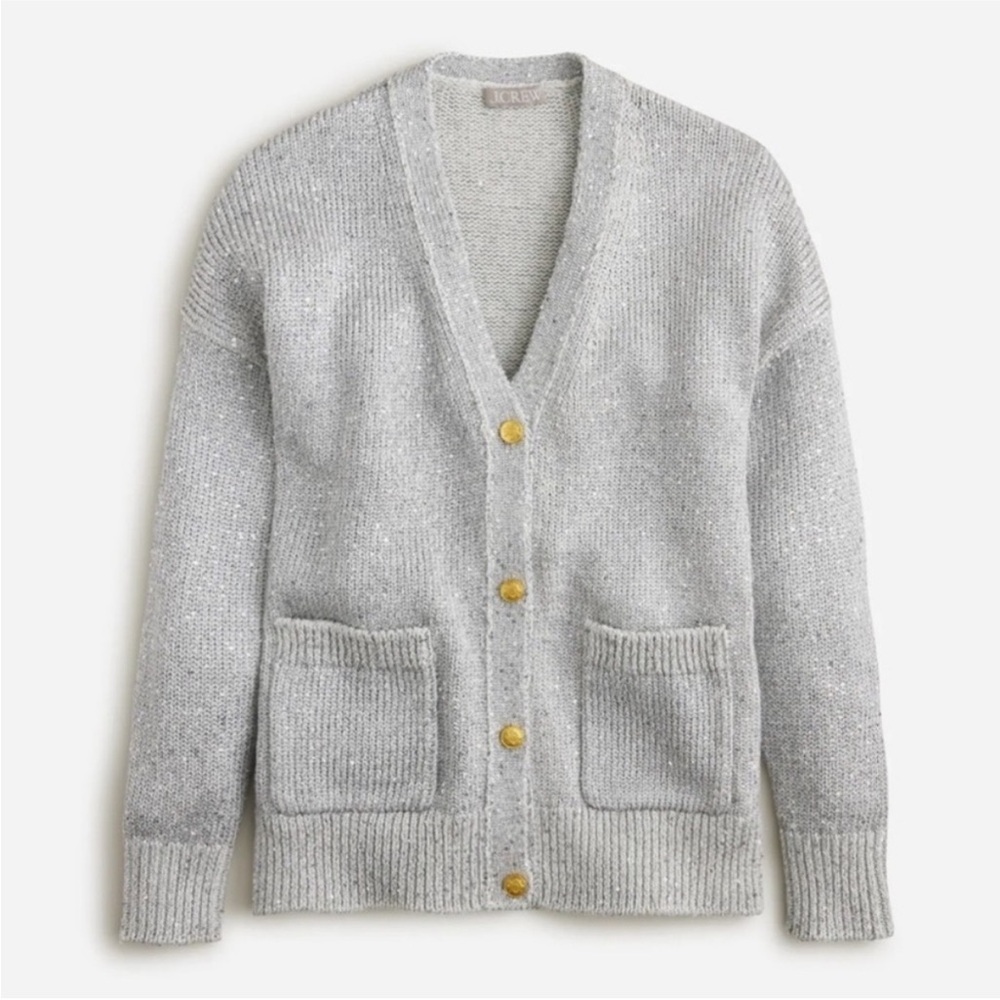 J. Crew Grey with Sequins Women's Cardigan with Gold Buttons- Size L
